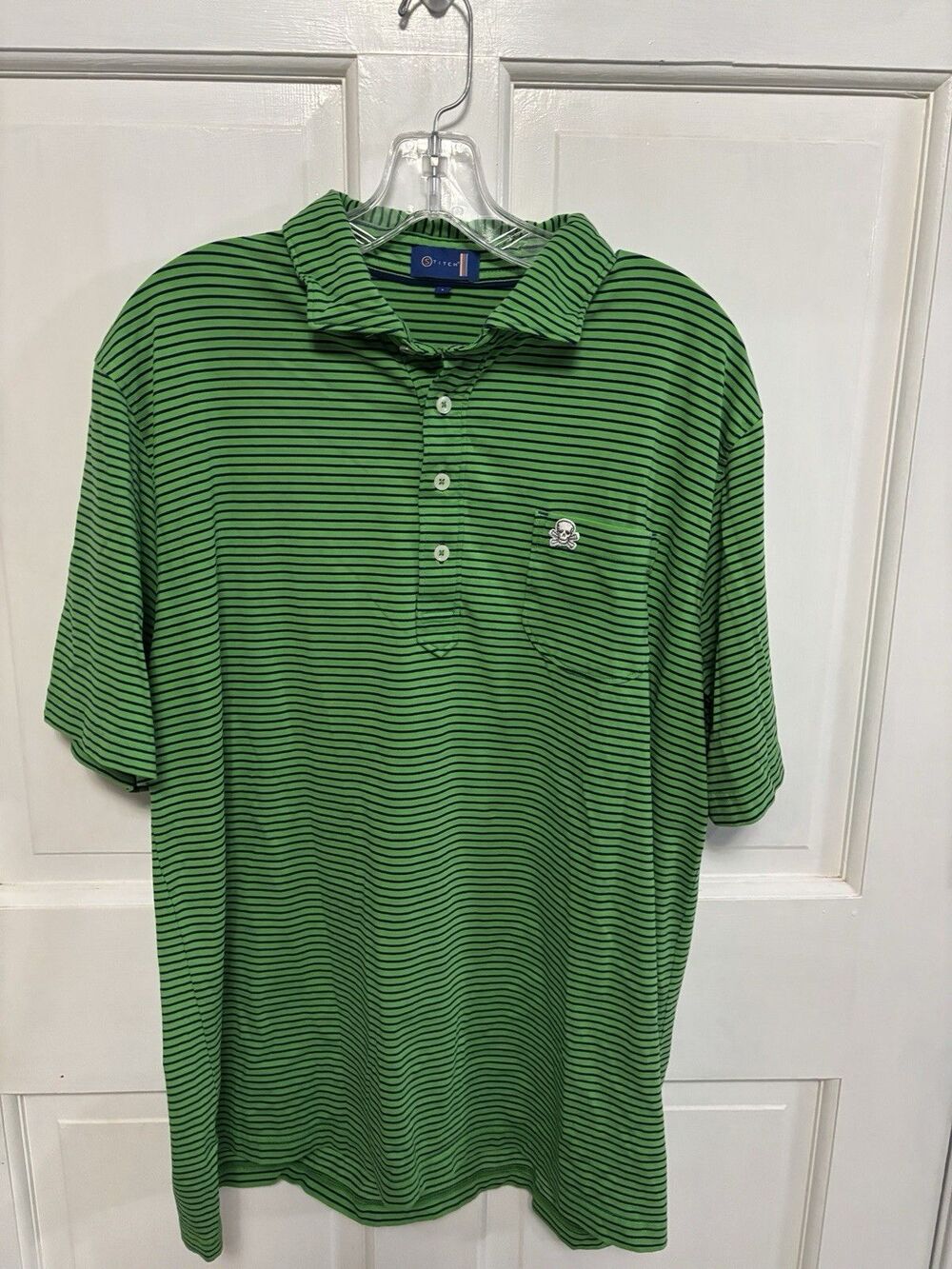 Men’s Stitch Green Blue Striped Golf Polo L Skull Crossbones Performance